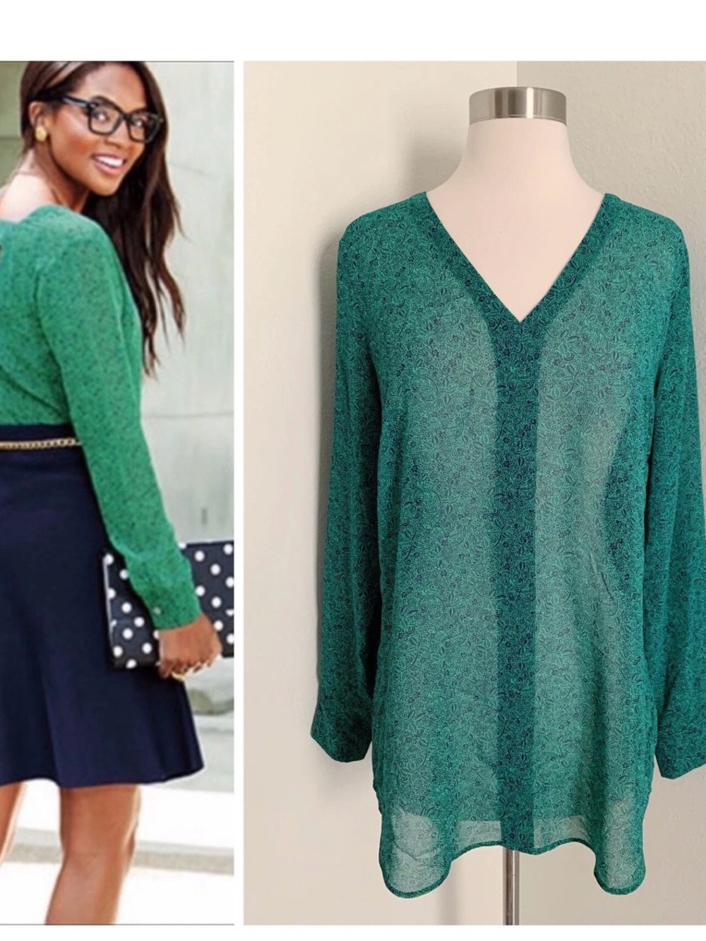 cabi Womens Bountiful Blouse Floral Vine Design Size Large Kelly Green